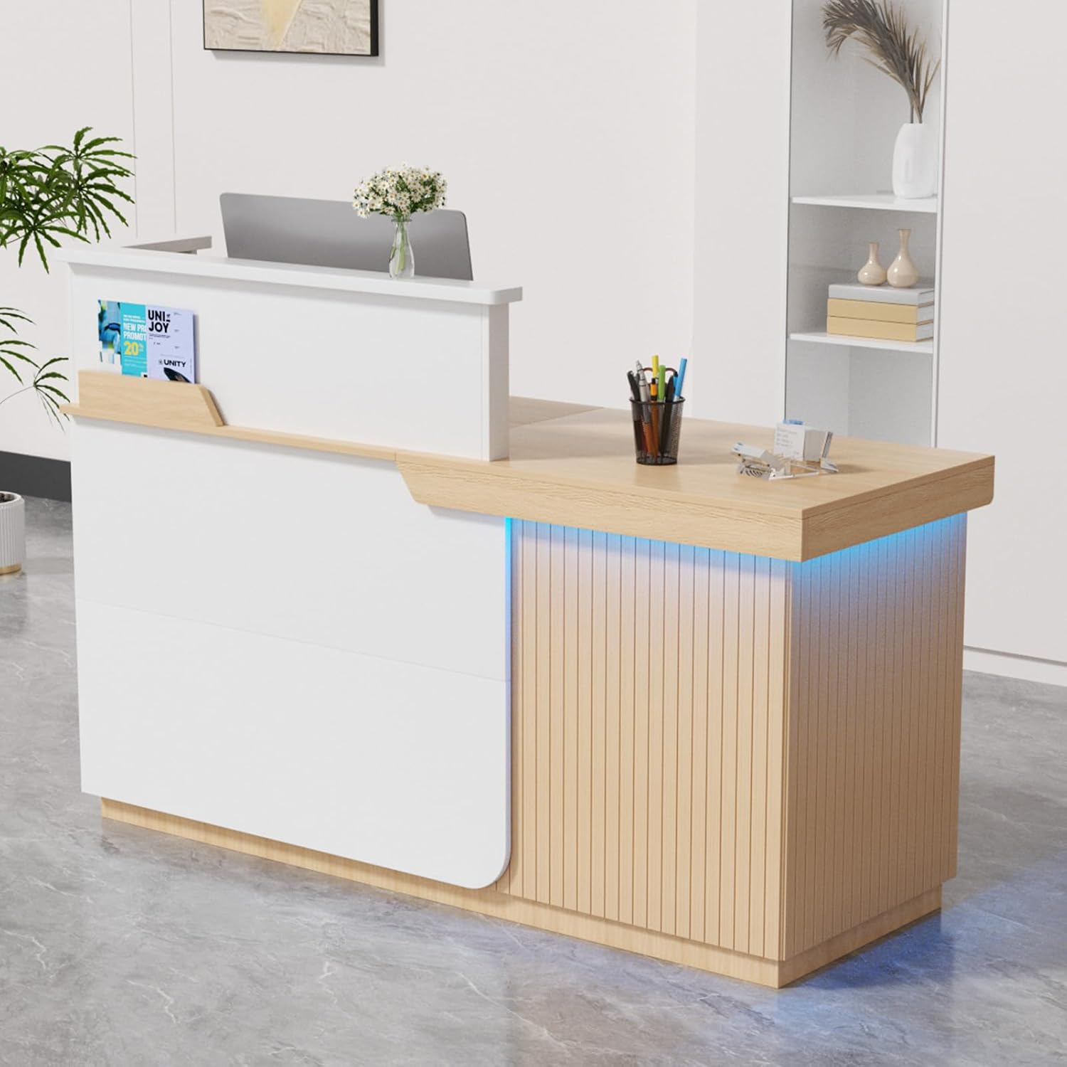 Reception Desk Counter - เคาน์เตอร์ต้อนรับสไตล์โมเดิร์นพร้อมไฟ LED, เคาน์เตอร์หน้าบานลายลูกฟูกขนาด 63 นิ้วพร้อมลิ้นชักล็อคได้, ตู้เก็บของและถาดเลื่อน,