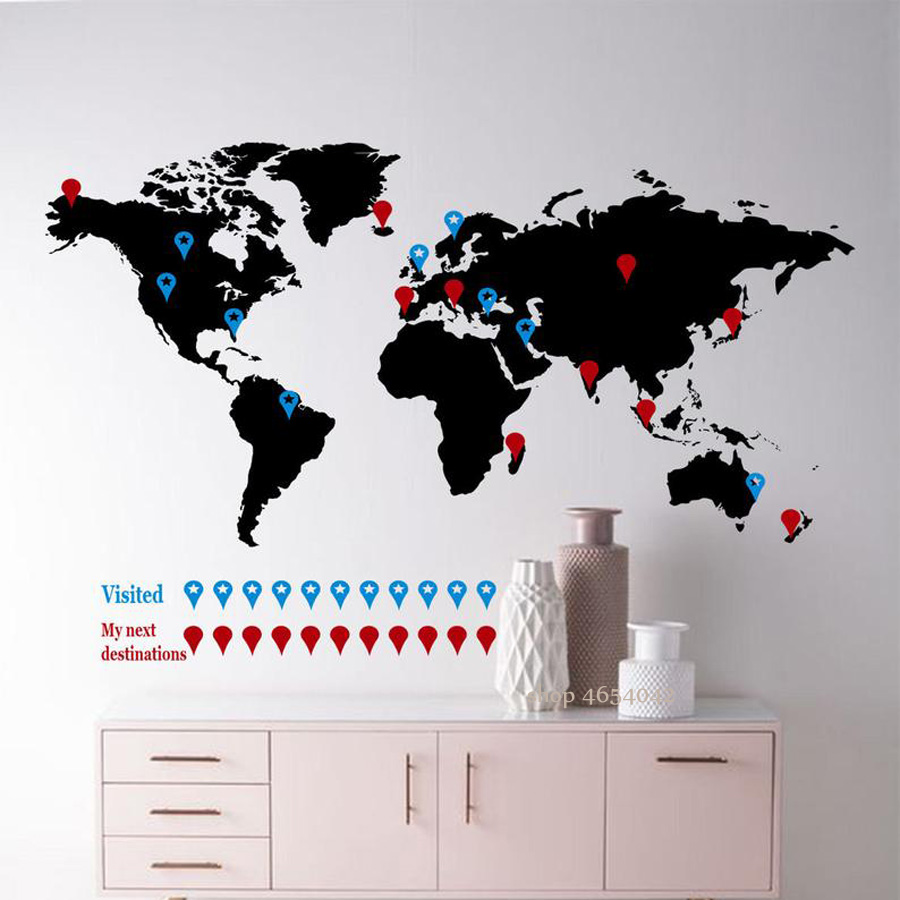 Office Furniture World - ขนาดใหญ่Worldแผนที่สติ๊กเกอร์ติดผนังรูปลอกTravel Wall Decalsสติกเกอร์ห้องนอนห้องนั่งเล่นตกแต่งสำนักงานกาวไวนิลภาพจิตรกรรมฝาผนังN174