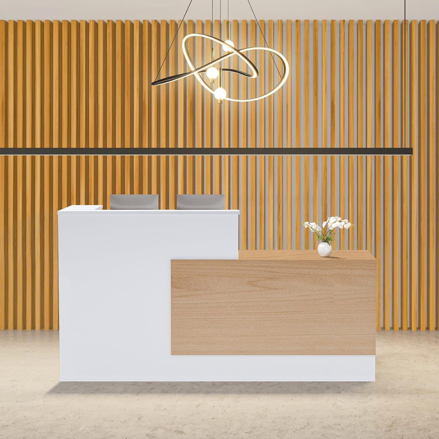Reception Desk Counter - เคาน์เตอร์ต้อนรับพร้อมลิ้นชักล็อคได้, เคาน์เตอร์ต้อนรับทรงตัวแอลขนาดใหญ่ทำจากไม้สไตล์โมเดิร์นพร้อมที่เก็บของและถาดวางคีย์บอร์ด