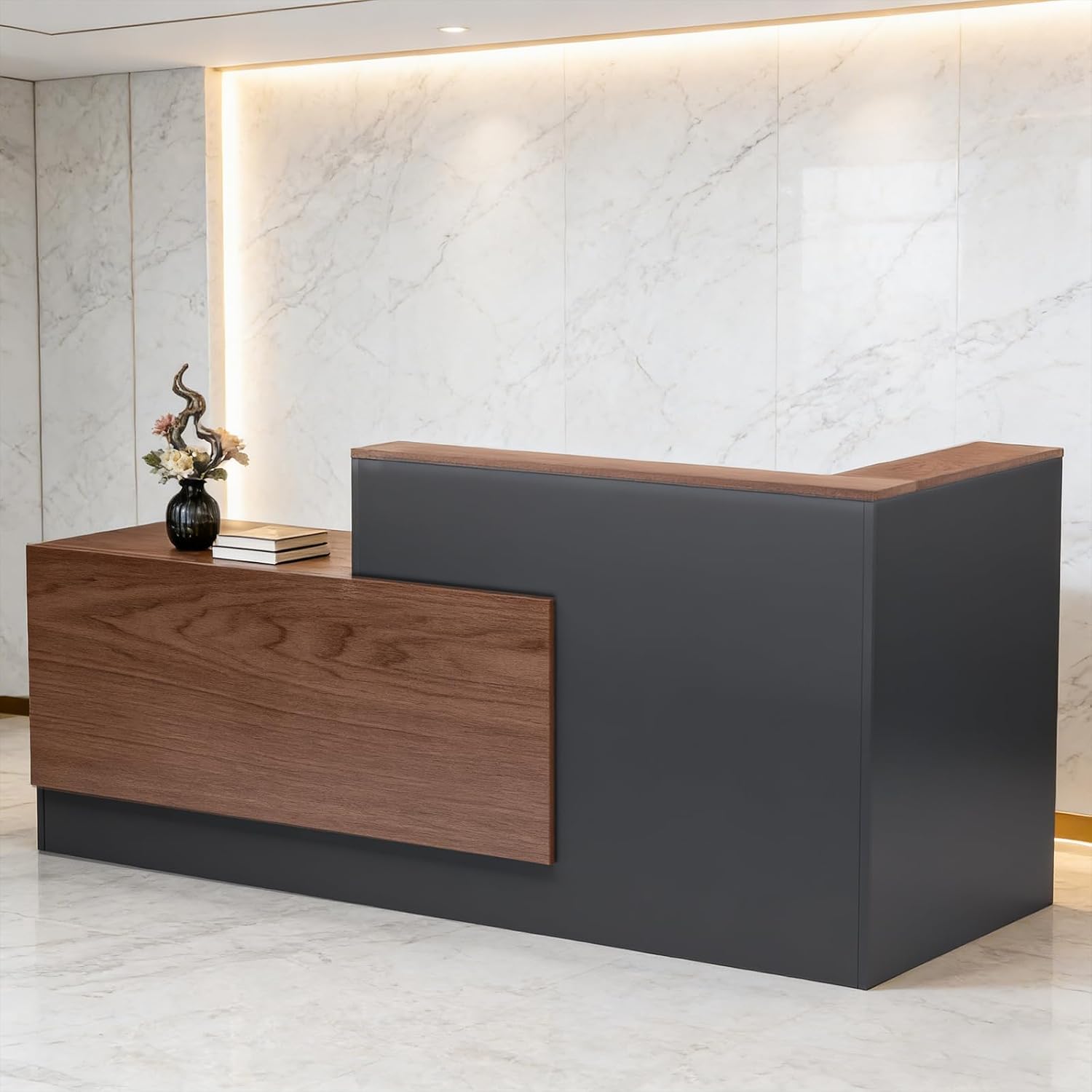 Reception Desk Counter - โต๊ะรับรองแขกเชิงพาณิชย์ทรงตัวแอลขนาดใหญ่ทันสมัยพร้อมเคาน์เตอร์และชั้นวางของ โต๊ะเคาน์เตอร์รับรองแขกด้านหน้าพร้อมลิ้นชัก