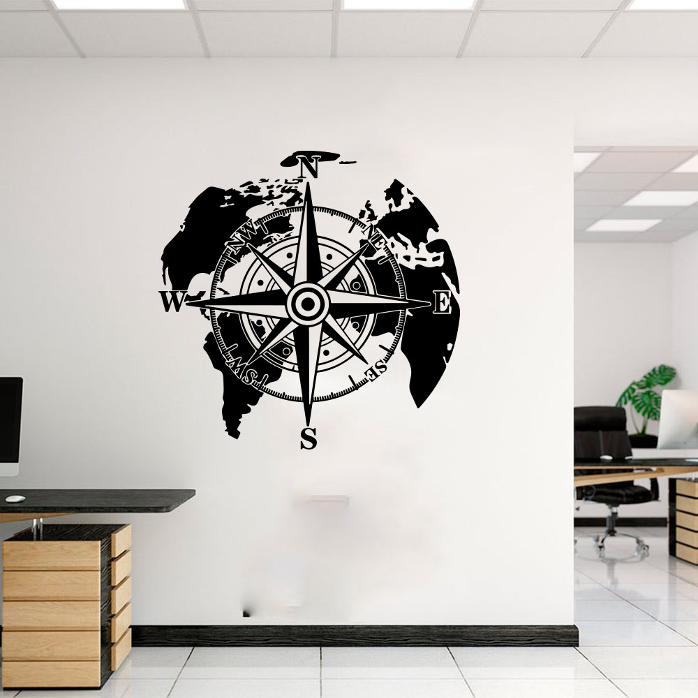 Office Furniture World - แผนที่โลกที่ทันสมัยเข็มทิศแคมป์สติกเกอร์ติดผนังสำนักงานห้องรับแขกทั่วโลกเดินทางผจญภัยรูปลอกติดผนังห้องนอนสถานรับเลี้ยงเด็กไวนิล